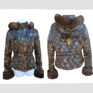 Baby Phat Faux Fur Quilted Puffer Coat Y2K Gold Brown Blue M